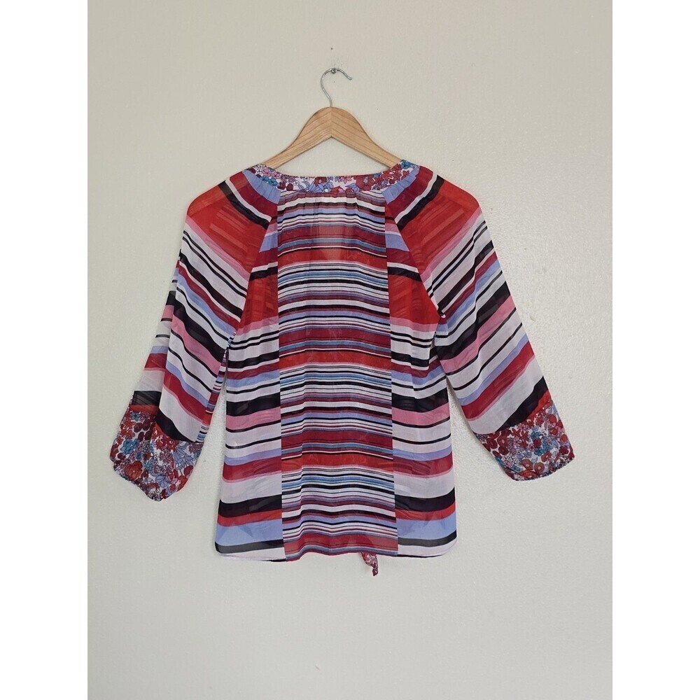 Fig & Flower Blouse Womens PS Boho Floral Stripe Tie Front 3/4 Sleeve - Picture 9 of 12